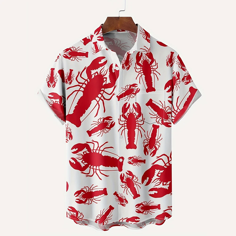 

Summer Casual Shirt Men'S Plus-Size Lapel Button-Up Short Sleeve Top Men'S Fashion Lobster Print Dress Hawaiian Vacation Shirt