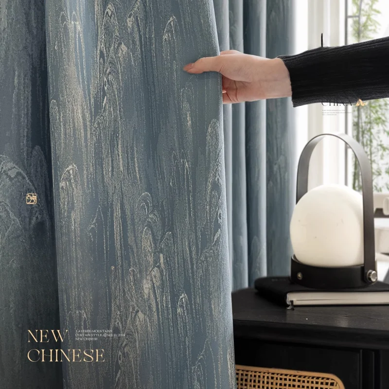 Chinese Style Classical Bedroom Curtains Gilded Blue High-precision Curtains Jacquard Light Luxury Window Curtains Decorations