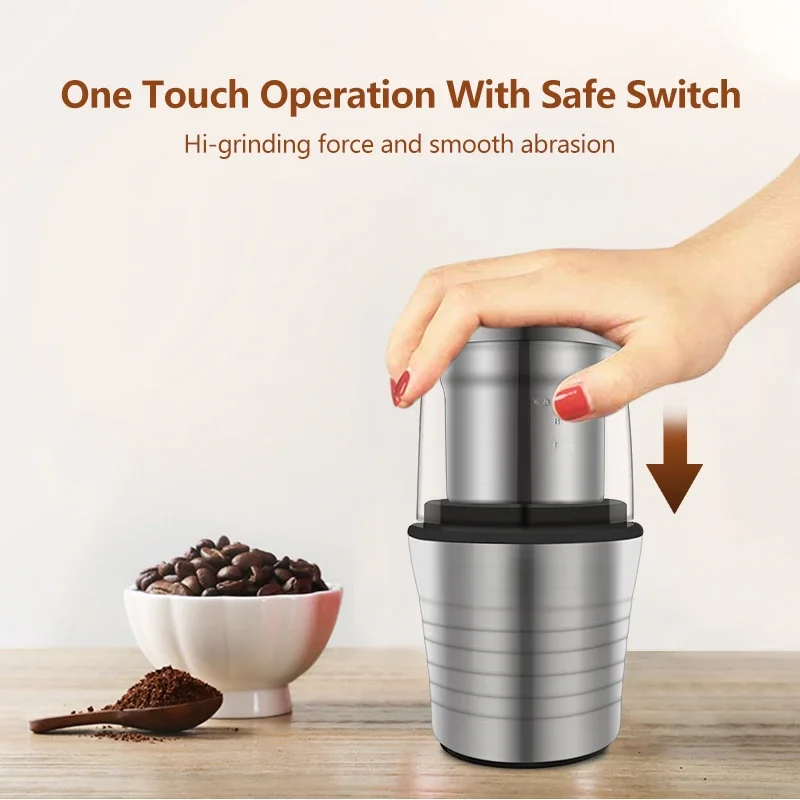 2-in-1 Wet and Dry Double Cups 300W Electric Spices and Coffee Bean Grinder Stainless Steel Body