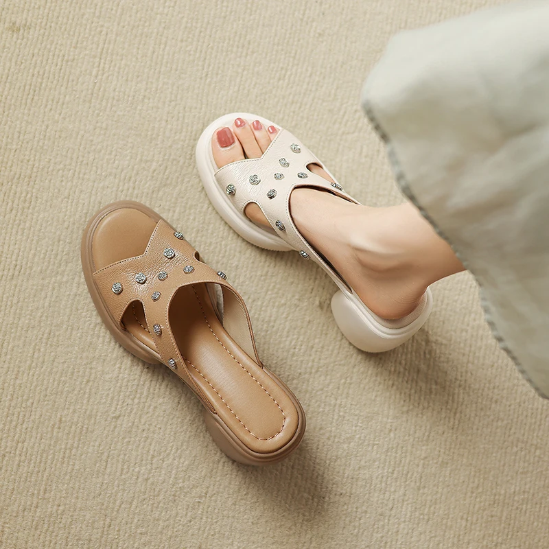 2026 summer women sandals natural leather 22-25cm soft sheepskin+microfiber metal rivet mules high heel women slippers fashion