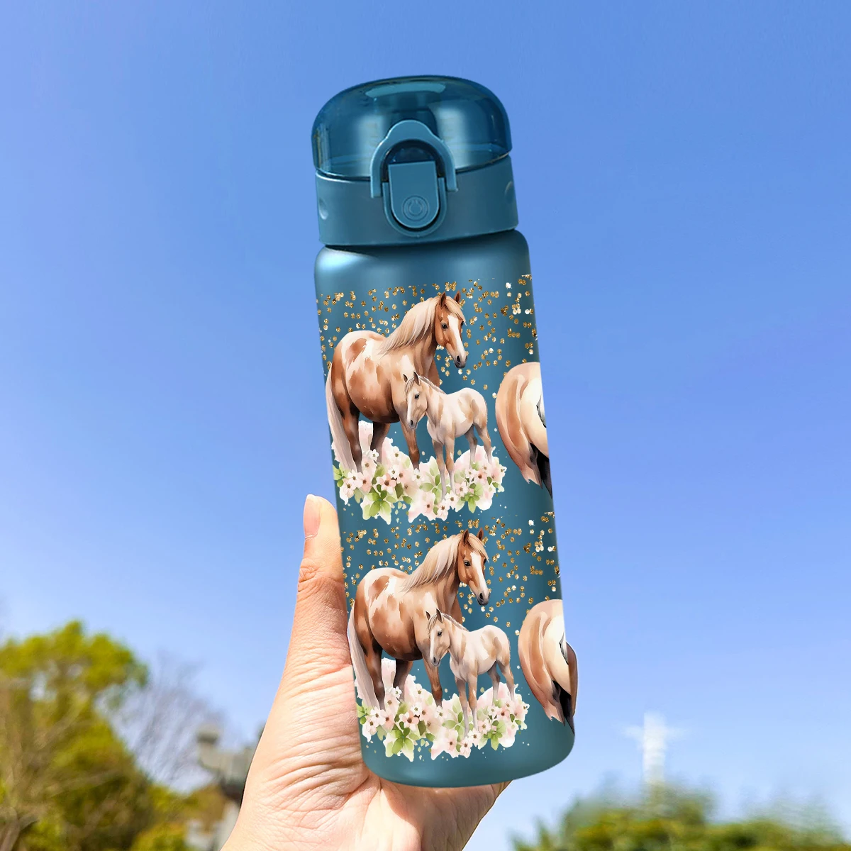 قطعة واحدة، ترتر، نمط حصان، كوب ماء بلاستيكي 26 أونصة، غطاء ترتد خارجي، كوب بلاستك مانع للتسرب، هدية مسابقة الفروسية.