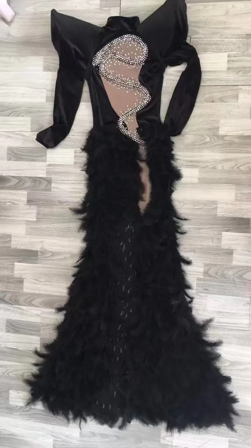 فستان أحمر أسود من حجر الراين للنساء أداء طويل لفتاة الإستعراض ملابس المسرح سحب الملكة طقم ملابس بار ملهى ليلي لأعياد الميلاد