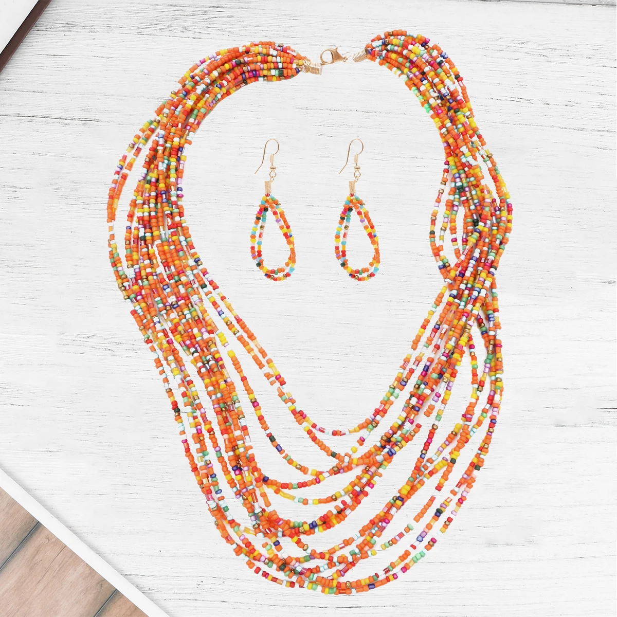 

Boho Necklace Earring Set Beaded Necklaces Creative Earrings Kit Orange Bohemian Style