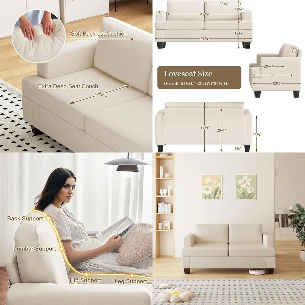 

Бежевый льняной диван-софа с глубоким сиденьем 62 дюйма для небольших помещений - идеально подходит для гостиной, спальни или офиса