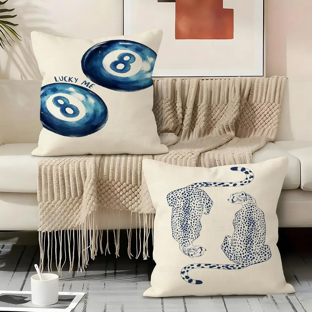 Blue Spotted Kiss Lucky 8Ball Cushion Cover Natural Linen Organic Fabric Double-Sided Printing Sofa Home Decor Gift Pillow Cover