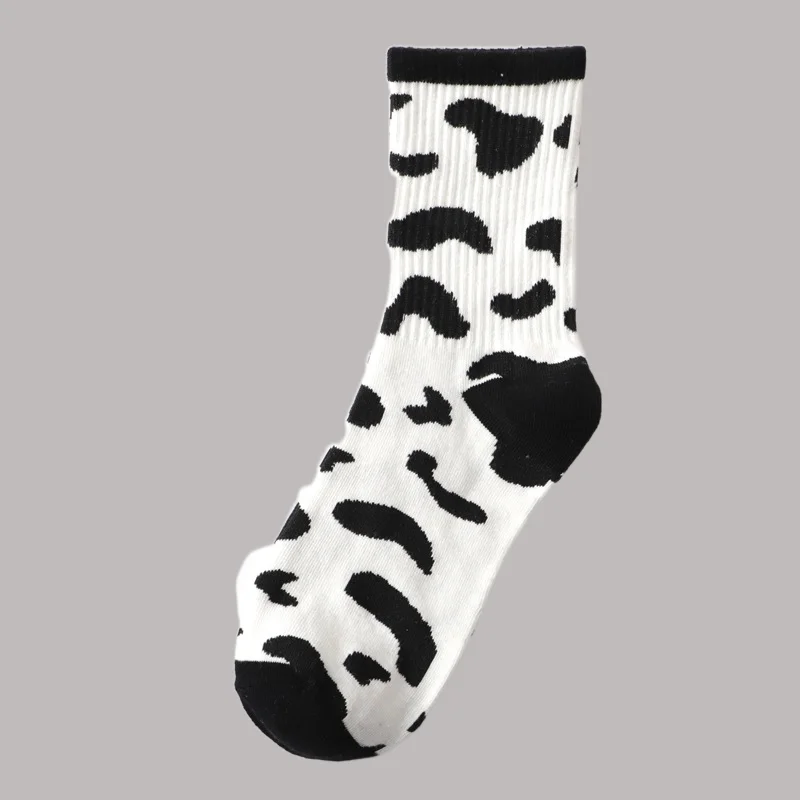 3/6 Pairs Pink College Style Japanese Korean High-tube Black and White Cotton Women's Socks ins Trendy Cow Spots Mid-tube Socks