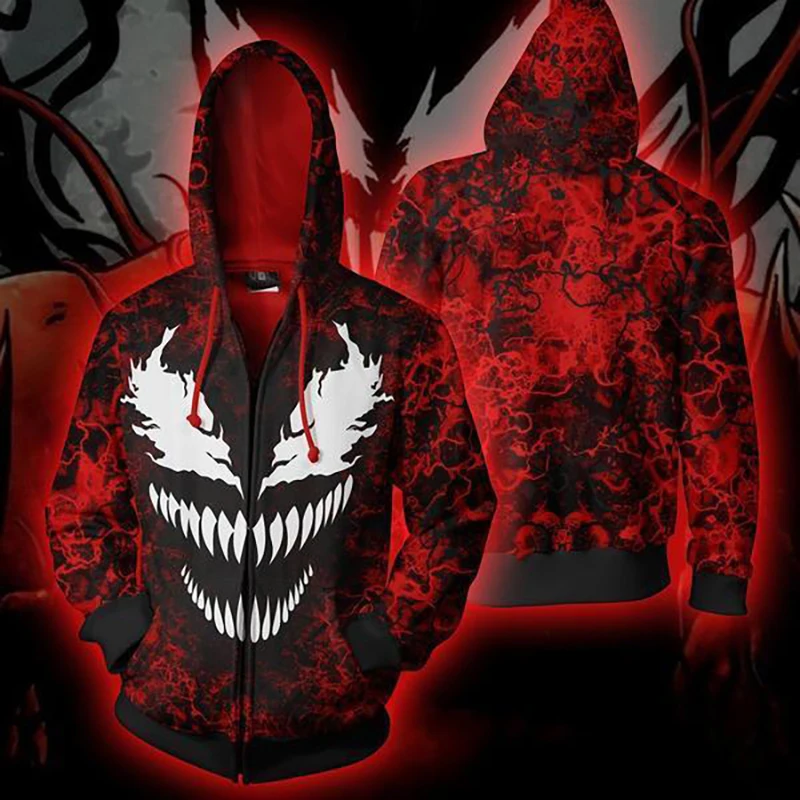 Movie Venom Spiderman Cosplay Hoodie 3D Hooded Polyester Spring Autumn Halloween Unisex Venom Jacket  Thin Party Costume