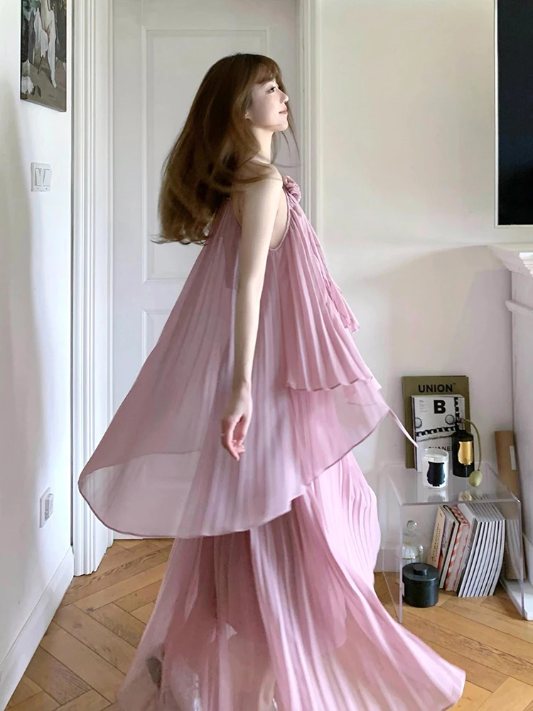 

Clothland женский милый розовый плиссированный костюм без рукавов, рубашка нестандартной формы, длинные юбки, женский милый шифоновый комплект из двух предметов TA687