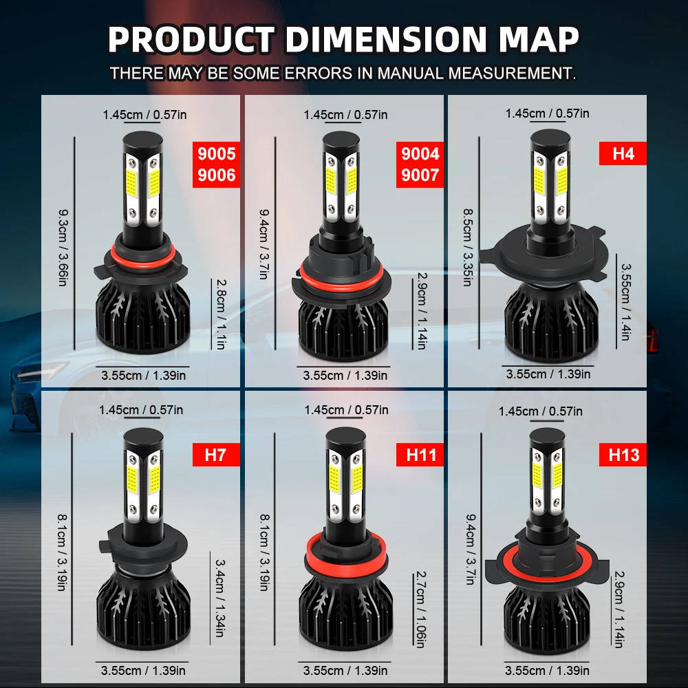 2pcs H4 LED Car Headlight Bulb H8 H9 H11 9005 HB3 9006 HB4 H13 9008 9007 H7 Auto Lights Fog Lamp 200W 6000K 8000K 12V No Error