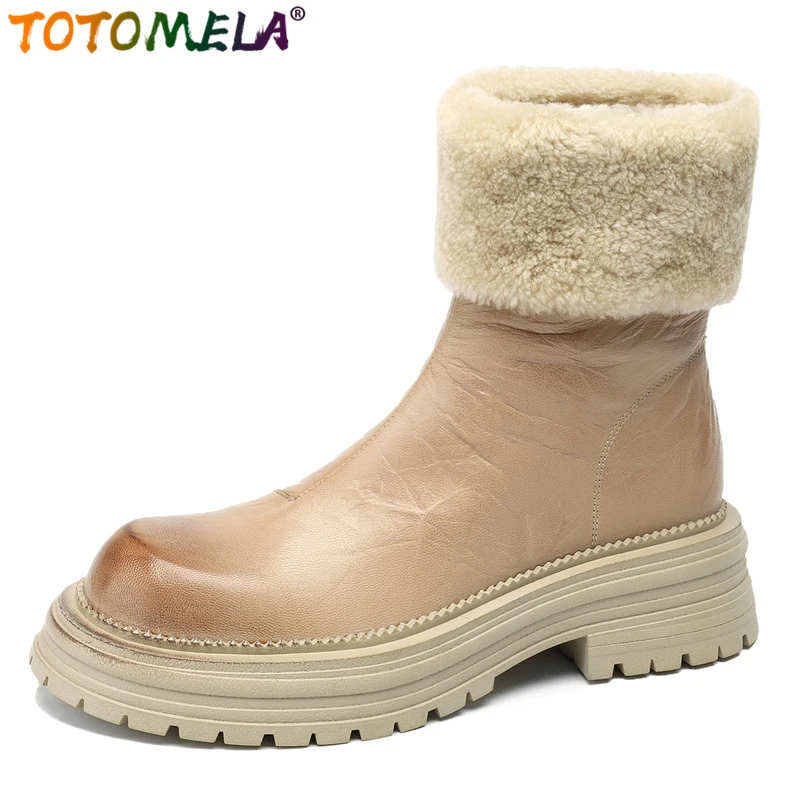 

TOTOMELA Size 34-40 Genuine Leather Snow Boots Women Thick Fur Warm Winter Boots Wool Platform Ankle Booties Ladies Shoes