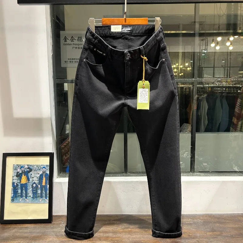 

Amekaji 2025 Осенние мужские черные джинсовые джинсы-американские винтажные повседневные классические узкие зауженные прямые эластичные брюки