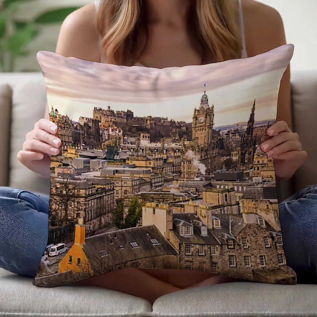 High Quality Edinburgh Scotland Cityscape Pillowcase Art Throw Cushion Cover Print for Home Decor Travel Souvenir 45x45cm