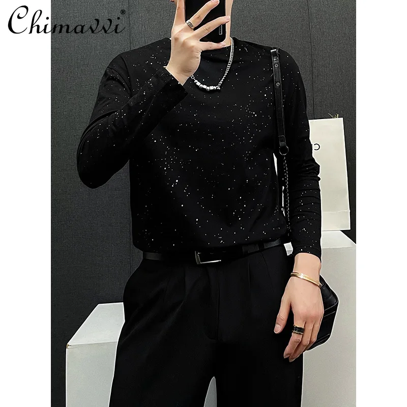 

Autumn Fashion Sequins Long-Sleeved T-shirt 2024 Spring Men's Korean-Style Loose Round Neck Handsome Casual Inner Wear Tees Top