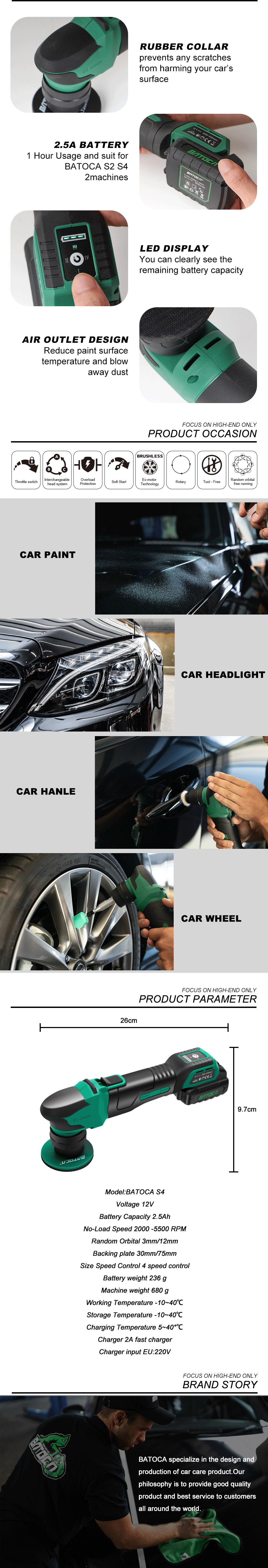 BATOCA S4 Cordless Car Polisher Mini Nano Wireless Polishing Machine Kit Quick Change Heads Brushless Motor 3/12mm Orbital