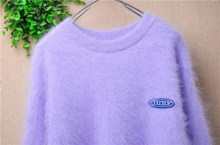 Ladies Women Fall Winter Clothing Purple Hairy Mink Cashmere Knitted O-Neck Long Sleeve Loose Pullover Angora Fur Jumper Sweater