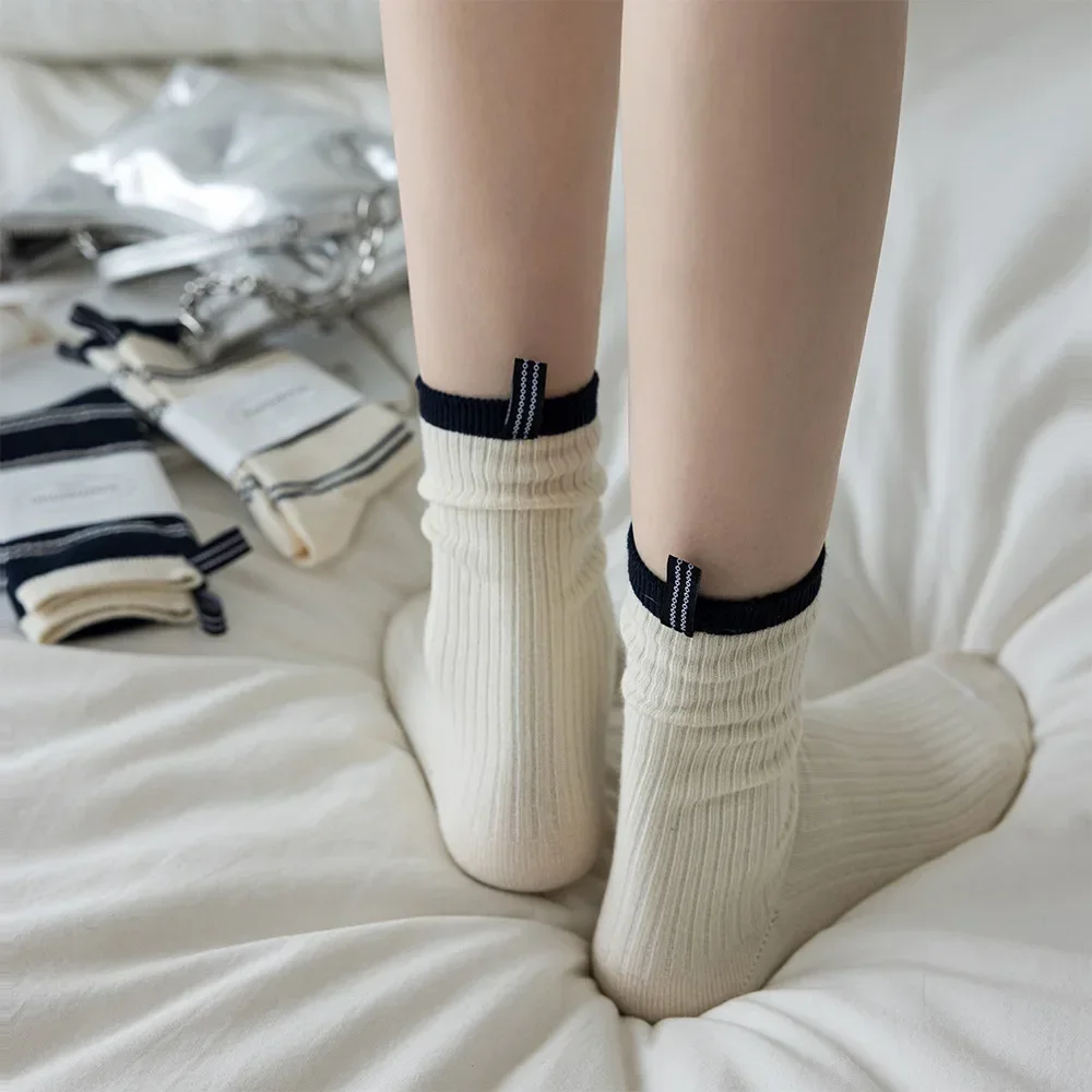 suxinaimin socks women's spring and autumn contrasting color stripes ins trendy Japanese medium tube stack socks