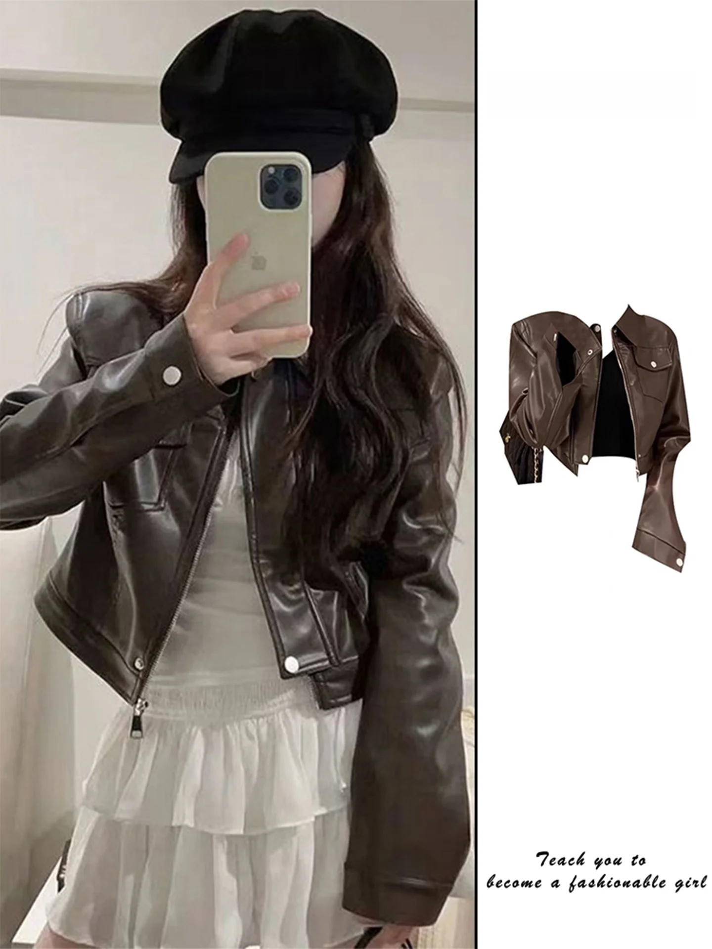 

Bury ort Motorcycle Jaet Women's Spring Autumn 2025 New Sle Slim Fit Vintage Color Blo Zipper Closure Ladies Coat