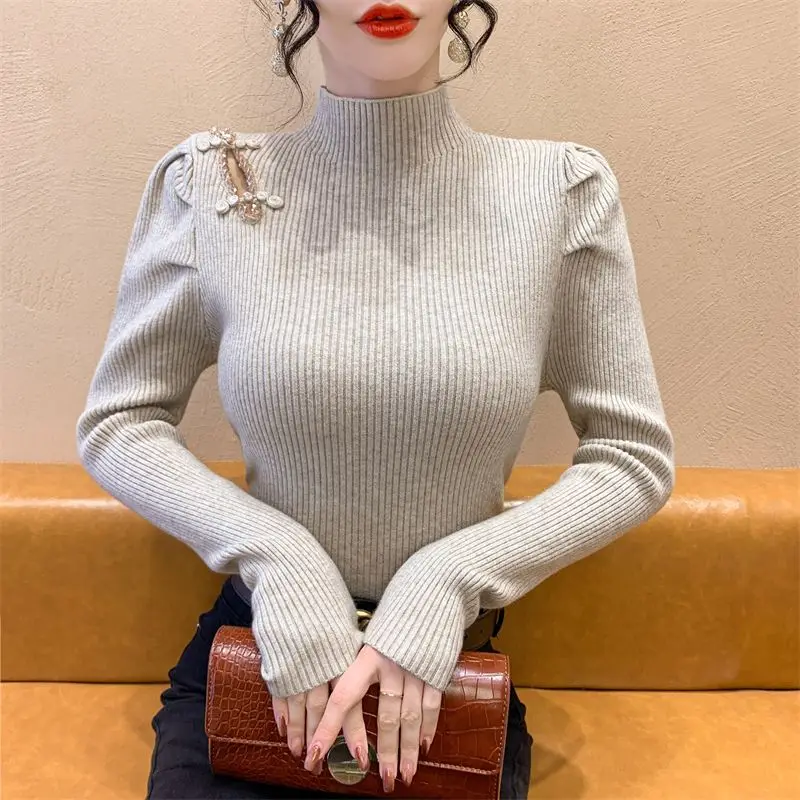 Crystal Knot Button Knitted Sweater New Autumn Winter Elasticity Slim Turtleneck Sweater Long Sleeve Office Lady Elegant Shirt