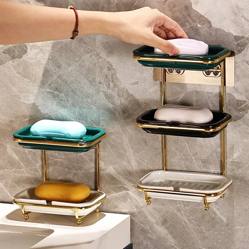 

Nordic Light Luxury Soap Box Soap Box Wall-mounted Draining Household Toilet Rack Free Punch Bathroom Double-layer Soap Rack
