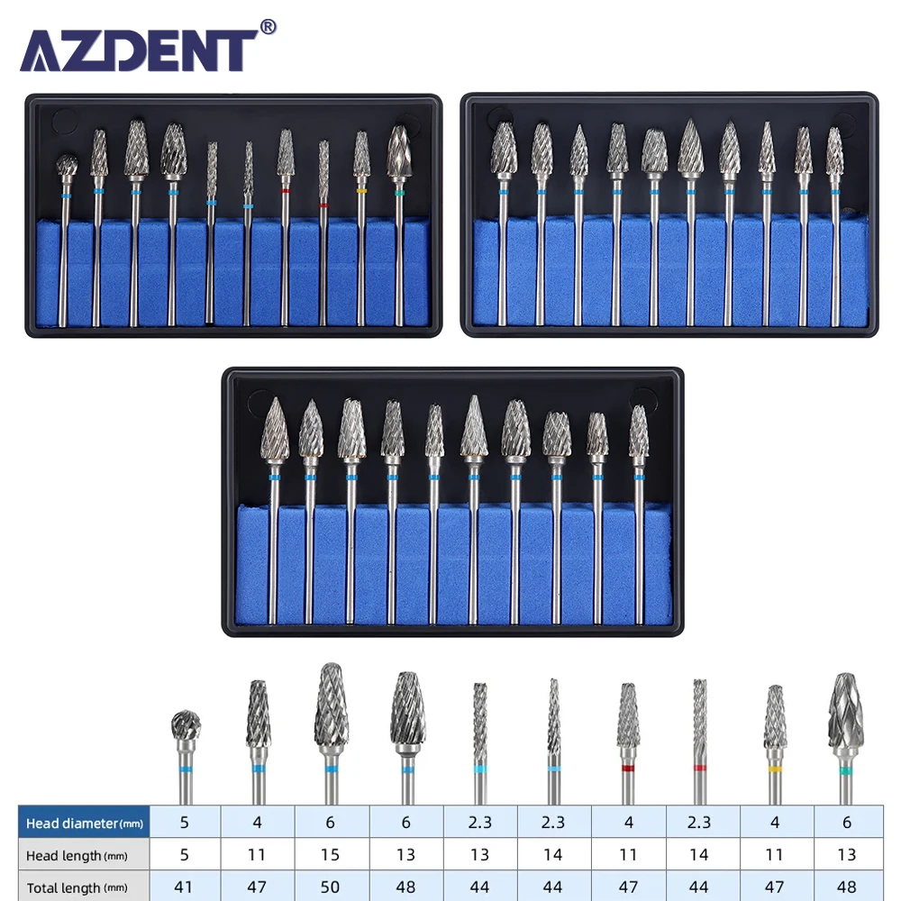 10 Pcs/Box AZDENT Dental HP Tungsten Carbide Cutter Kit Carbide Burs Drills 2.35mm Autoclavable for Grind Polishing Finishing