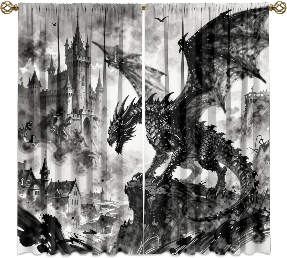Mythical Ink Animal Dragon Rod Pocket Curtains-Watercolor Medieval Castle Blackout Curtains & Drapes,Vintage Gothic Black Dragon