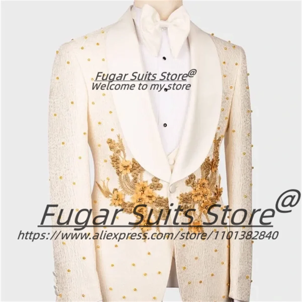 Fashion 3D Flower Decal Male Blazers Luxuly Beadwork Men Suits Slim Fit Shawl Lapel Groom Tuxedos 3 Pcs Sets Prom Ropa Hombre