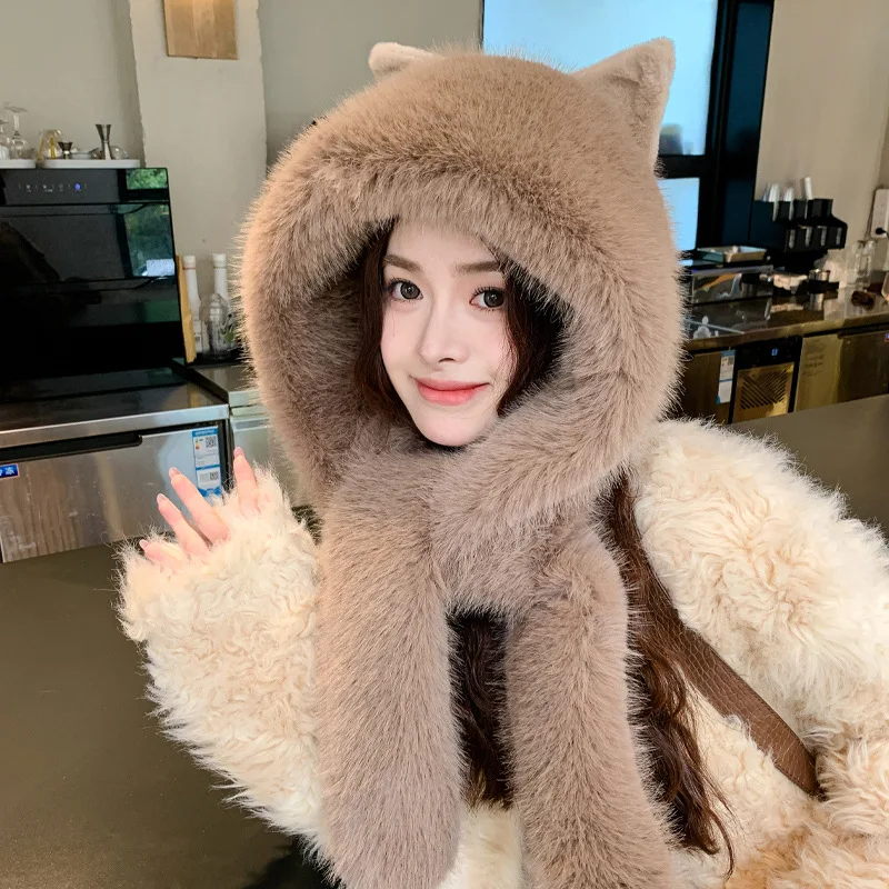 

Korean style plush warm bear hat and scarf two-piece set, cycling windproof earmuff hat, winter thickened and versatile