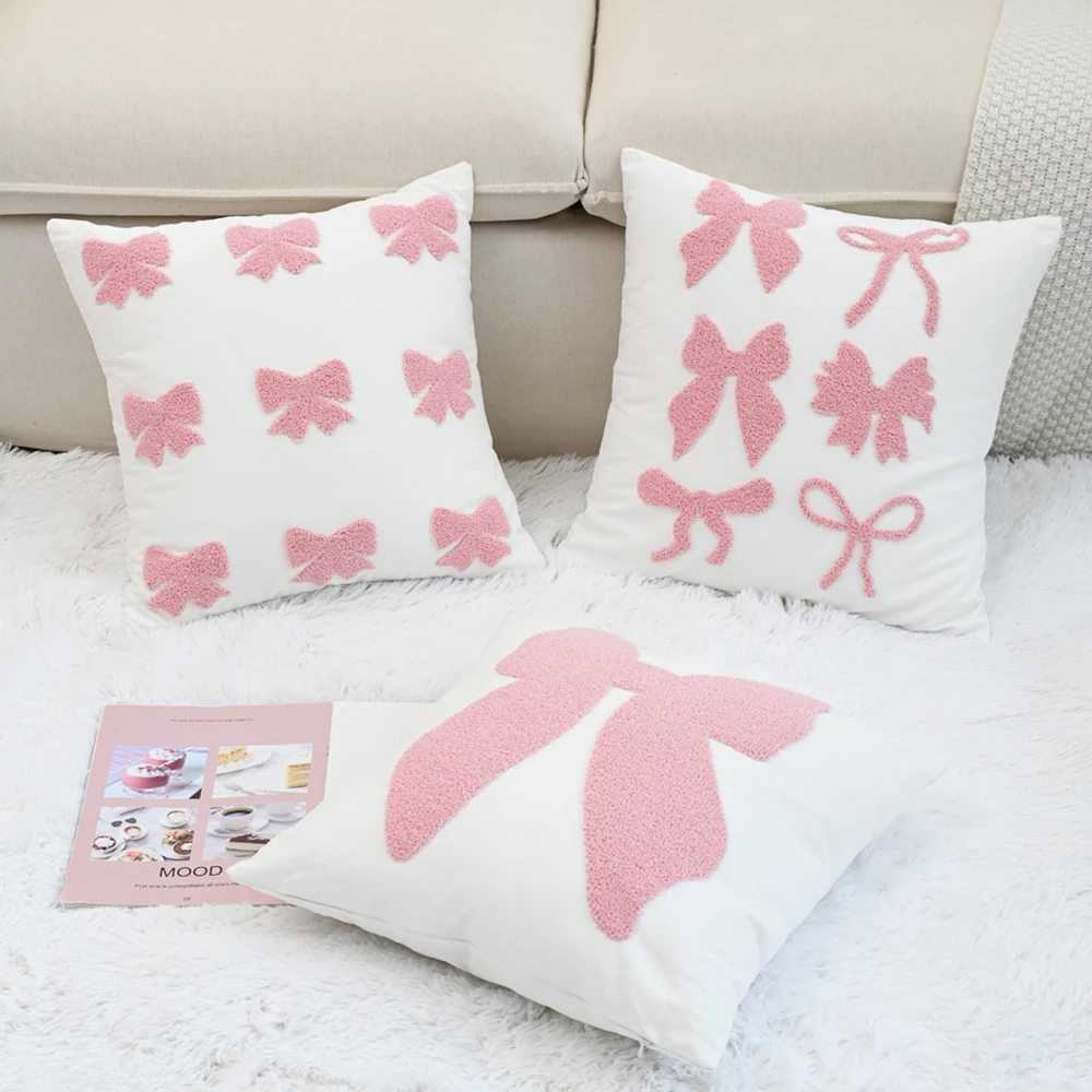 BUYNOW, 1 unidad, funda de almohada bordada con lazo rosa, bonita funda de cojín de estilo princesa para dormitorio, decoración para el hogar y la sala de estar, cojines para sala