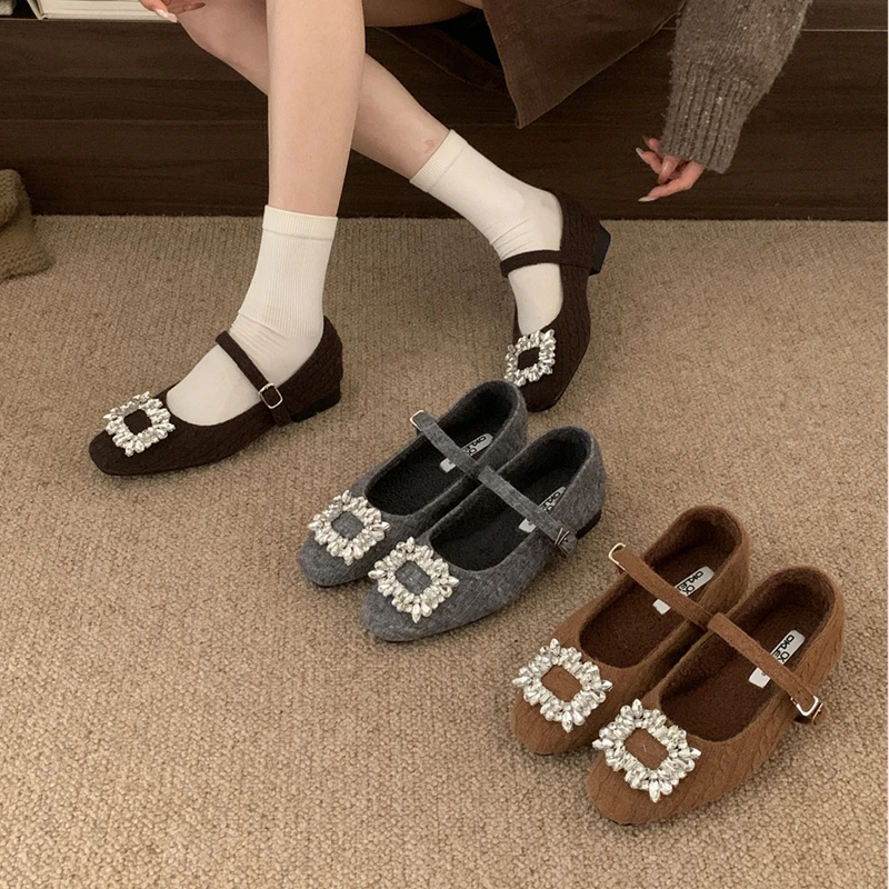

SUOJIALUN Winter New Brand Women Mary Jane Shoes Fashion Cryatsal Buckle Ladies Elegant Single Shoes Dress Elegant Single Shoes