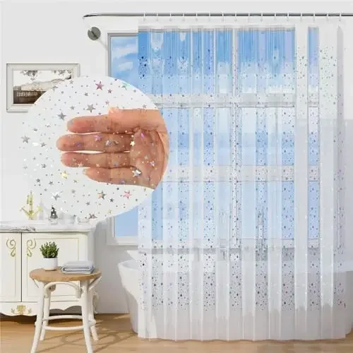 Star Printed Shower Curtain Liner 72Wx72H Inch PEVA Premium Light Weight Iridescent Star Glitter Water Repellent Transparent view 6