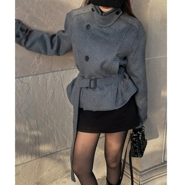 

Корейское женское шерстяное пальто, шикарное осенне-зимнее дизайнерское простое элегантное пальто с воротником-стойкой и поясом на талии