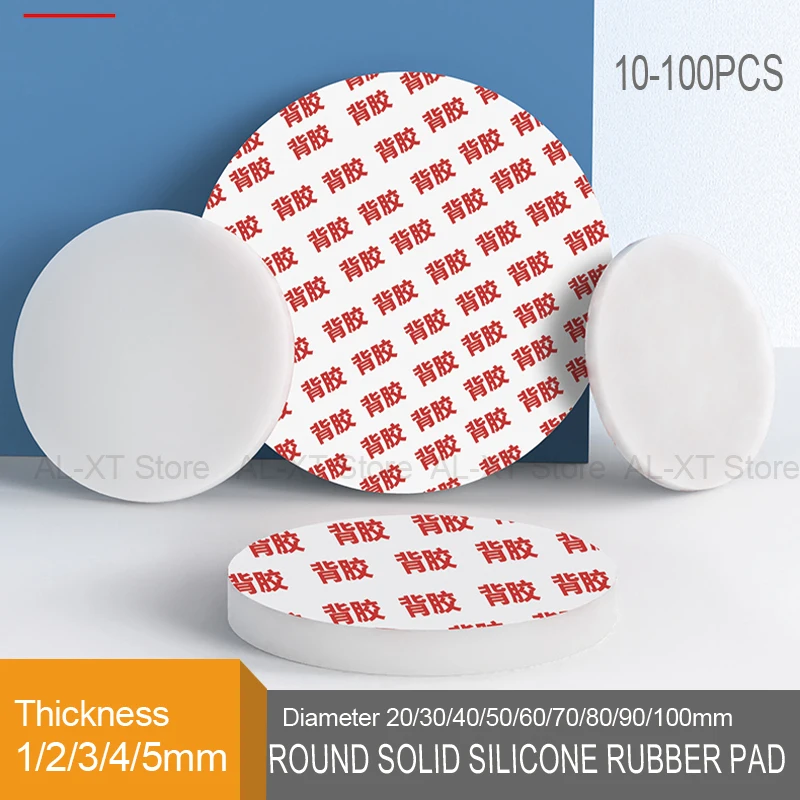 10/20/50/100Pcs White Solid Round Adhesive Backed Silicone Rubber Sheet Seal Gaskets Pad Dia 20/30/40/50/60/70-100mm Thick 1-5mm