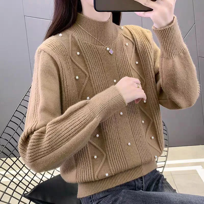 Autumn Winter New Bead Sweaters Vintage Loose Thick Knitted Pullovers Office Lady Solid Chic Tops