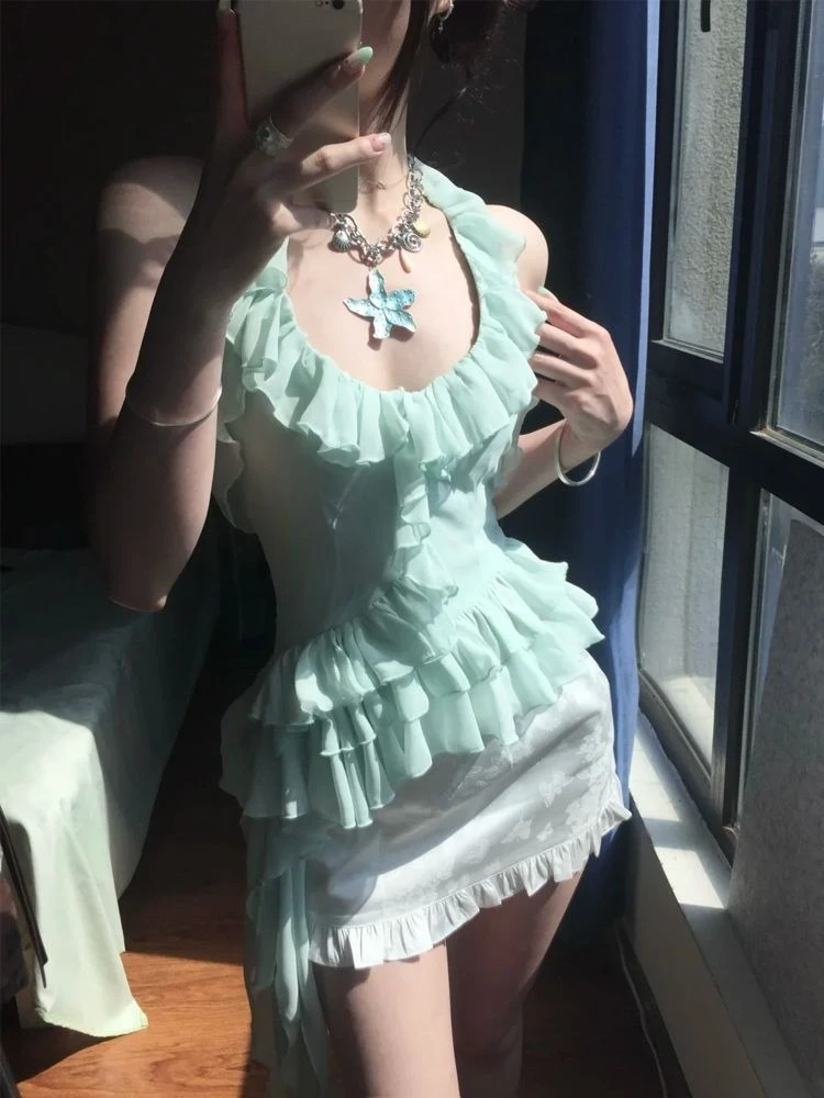 

Summer Mint Green Sexy 2 Piece Set Women Korea Fashion Ruched Design Party Outfits Halterneck Top + White Skirt Set Beach 2025