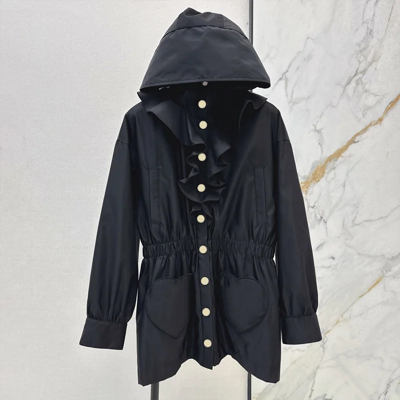 

Высококачественное нейлоновое женское новое осеннее облегающее пальто с капюшоном и кружевом во французском стиле, женский плащ, верхняя одежда 25110785