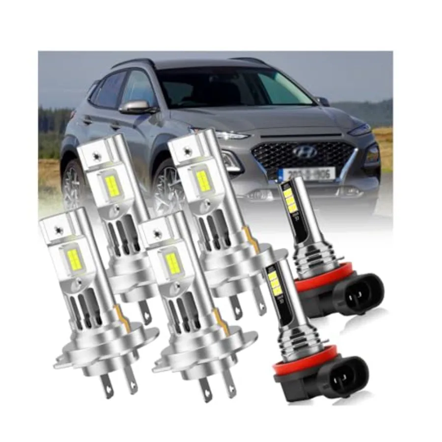 Premium LED Headlight and Fog Light Bulb Set H7 High beam H7 Low Bean and H11 Fog Lamp for Hyundai Kona 2018-2020 6000K Cold Wh