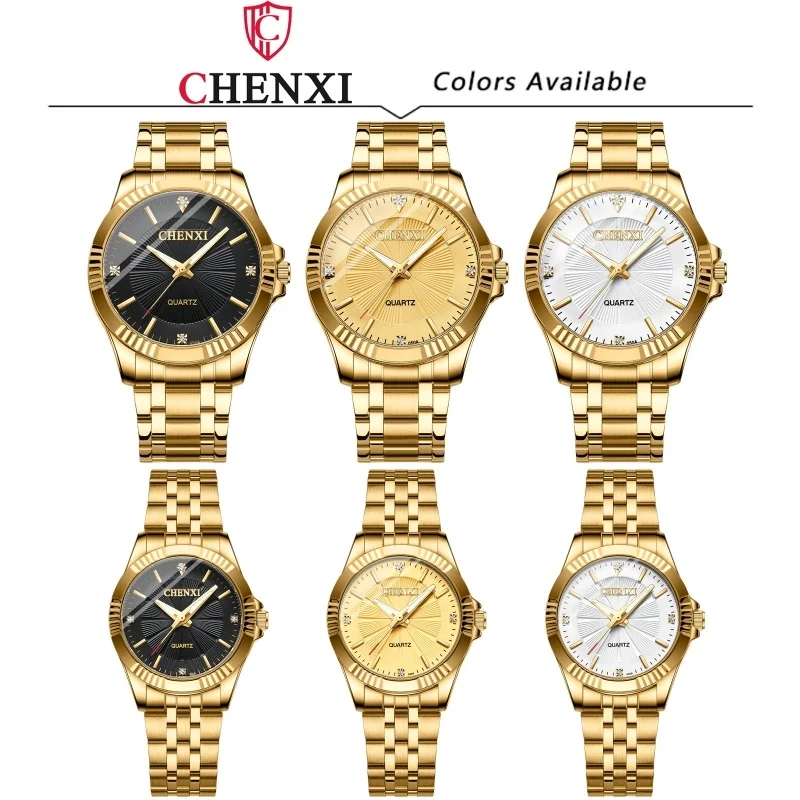 CHENXI-Relógios de quartzo de aço inoxidável impermeável para homens e mulheres, relógio de pulso empresarial, amantes casais, diamante elegante, dourado clássico, 050A