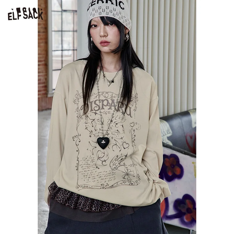 

ELFSACK 2025 Spring New Arrivals Casual printed long-sleeved t-shirt for women, versatile loose top