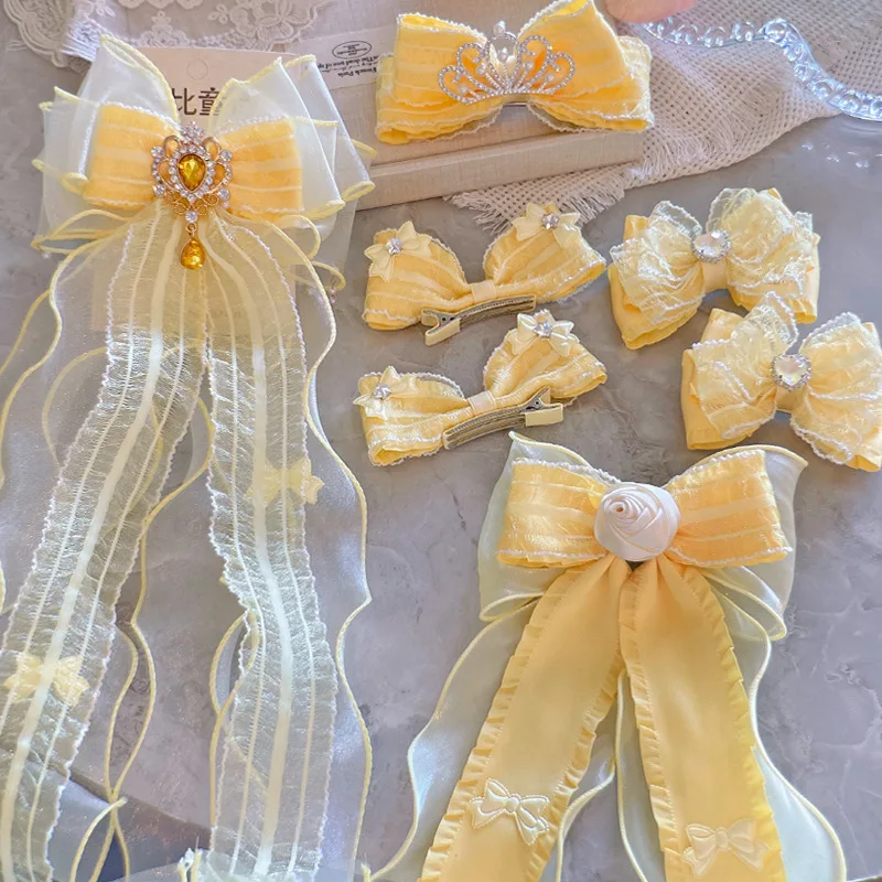 

Yellow Princess Belle children's hair clip headpiece super fairy bow ribbon little girl crown girl hair accessory