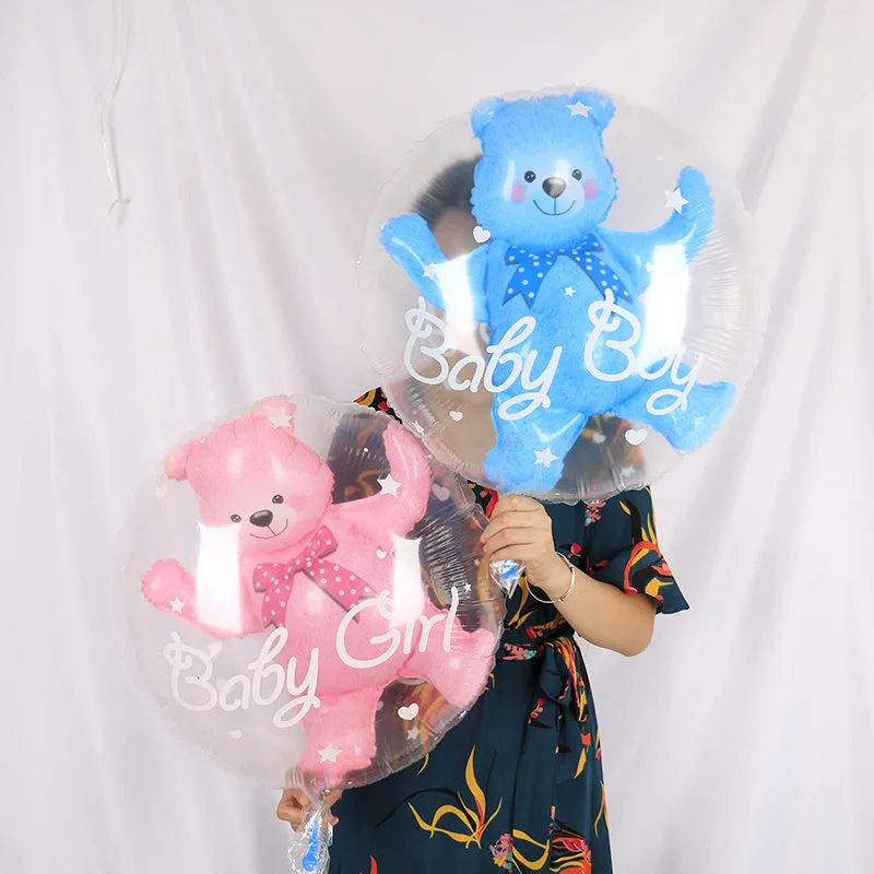 4D trasparente Baby Shower Boy Girl Bear Bubble Ball Kids 1st Birthday Party Blue Pink Helium Balloon Gender Reveal Decoration