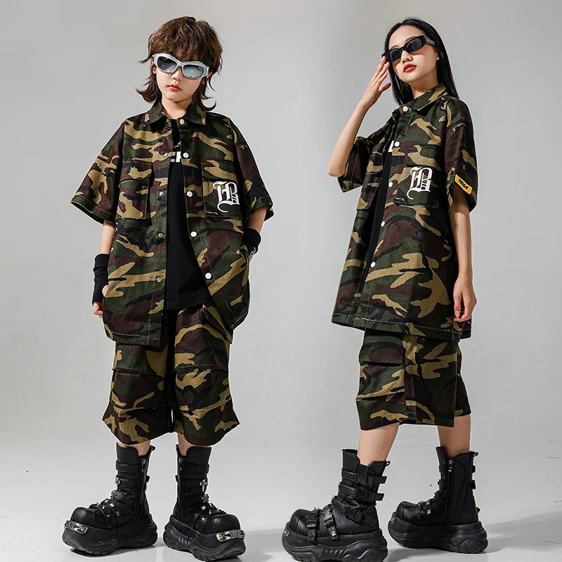 Mädchen Hip Hop Kleidung Camo Hemd Shorts Outfit Jungen Street Dance Jacke Kind Jazz Sommer Kleidung Sets Kinder Streetwear Kostüme