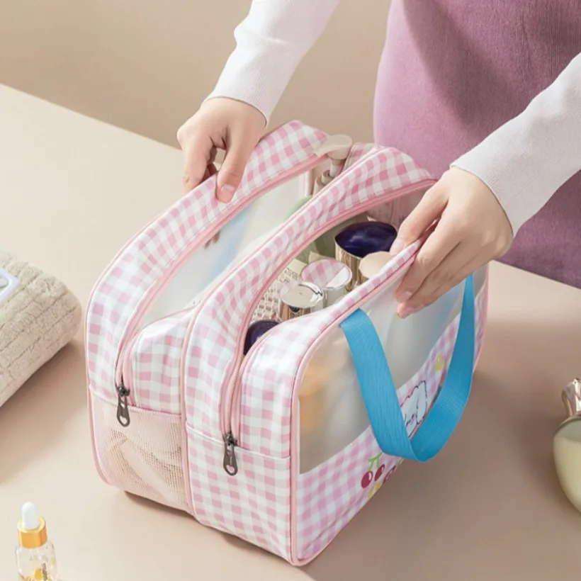 Sac de toilette de voyage, organiseur de cosmétiques, séparation humide/sec, motif à carreaux transparent, étanche, pochette de maquillage portable, sac de rangement pour maquillage