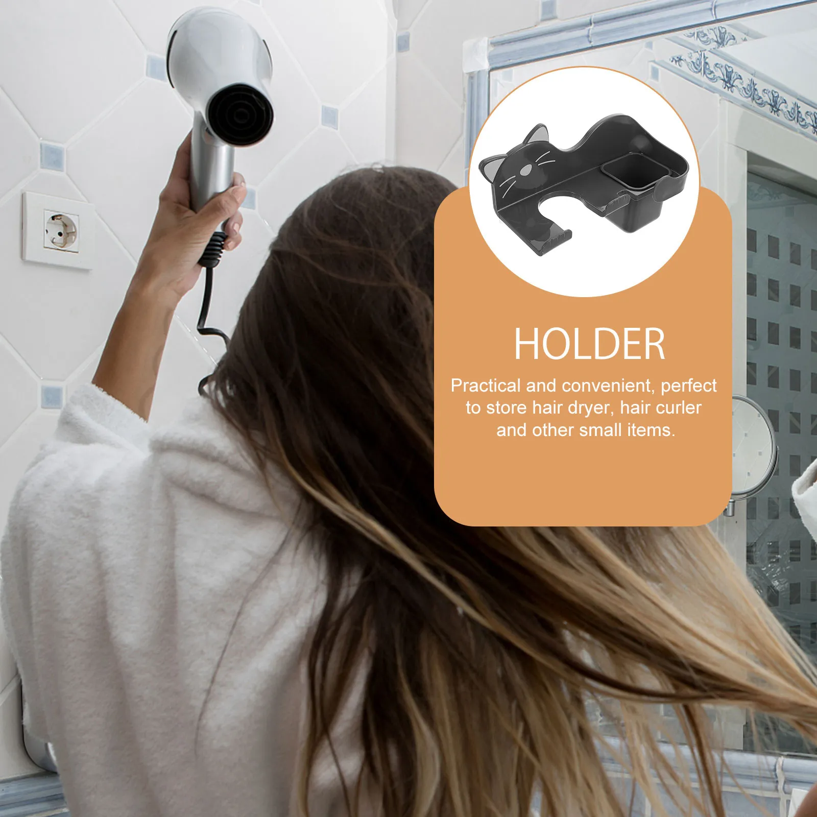 Wall Mounted Hair Dryer Holder Cat Design Compact Bathroom Organizer Hair Styling Tool Organizer Shelf Bathroom Storage Bracket