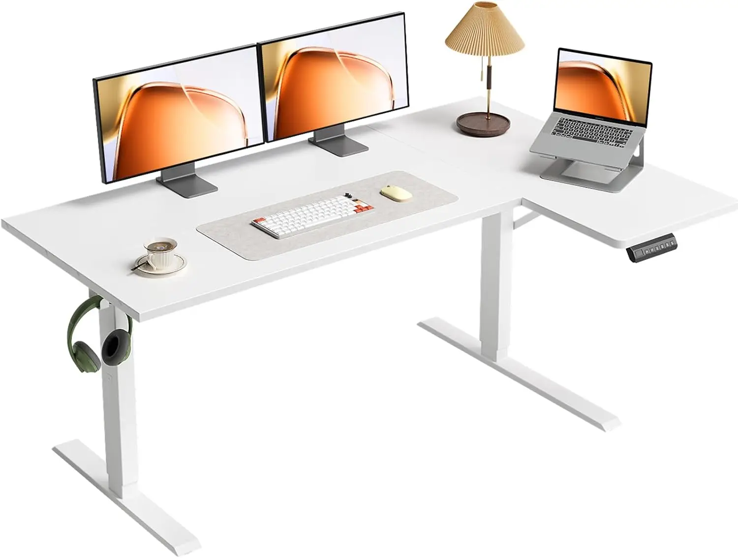 Reversible L Shaped 55 Inch White Electric Standing Desk Corner Height Adjustable Computer Table Stand Up Desk 3 Memory Presets