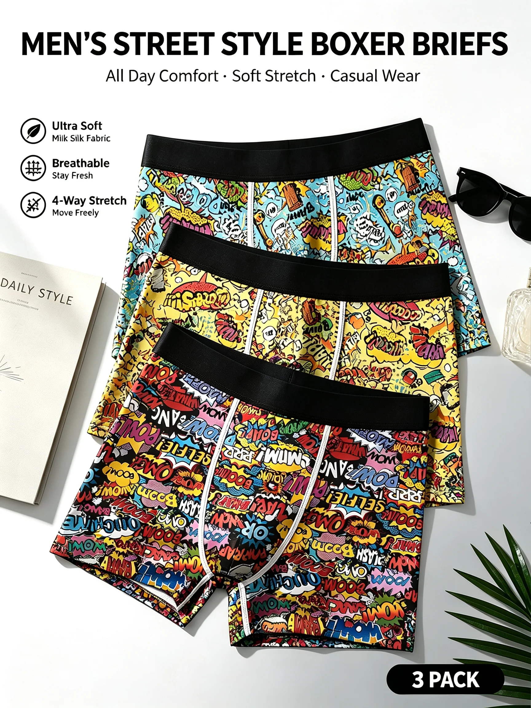 `3Pcs Men Boxer Briefs Street Comic Print Underwear Soft Milk Silk 4 Way Stretch Elastic Waist Breathable Male Underpants`