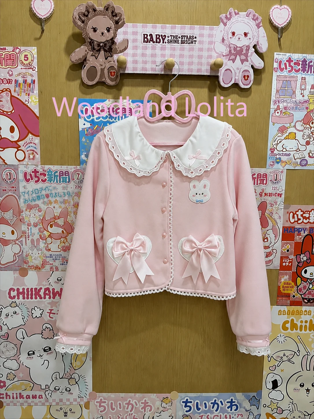 Japanese Sweet Lolita Cartoon Rabbit Embroidery Jacket Women Cute Bow Peter Pan Collar Cropped Coat Girls Kawaii Princess Tops
