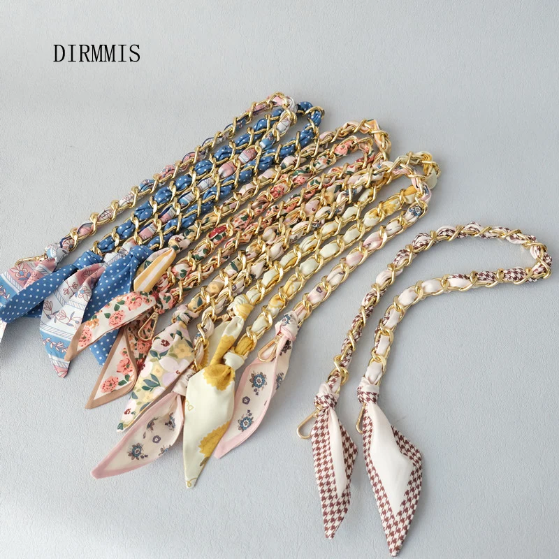 New Fashion Brand Woman Handbag Accessory Chains Detachable Floral Print Metal Silk  Shoulder Strap Women DIY Chain Bag Handles