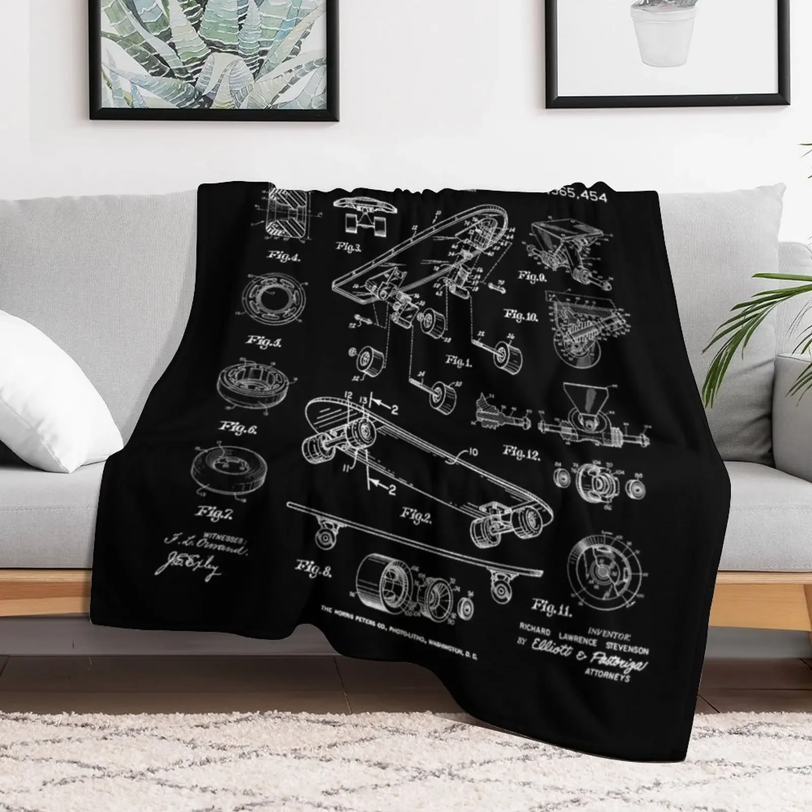 Skater Skateboard Skateboarding Vintage Patent Drawing Print White Throw Blanket Outdoor Soft Blanket for Picnic Beach Camping