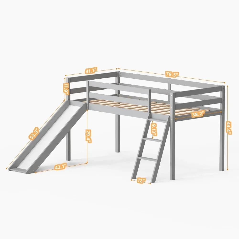 Lit loft bas avec toboggan, cadre de lit double en bois avec échelle d'escalade et espace de rangement pour enfants et tout-petits