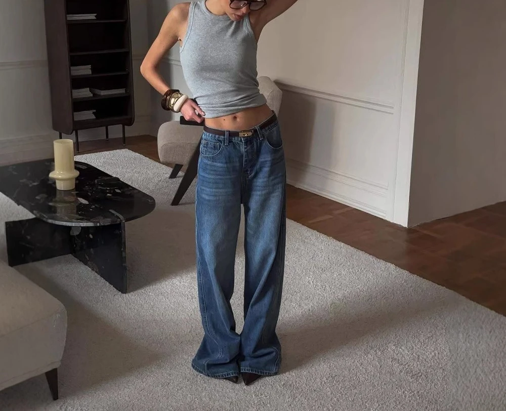 ホットガールズ ニッチデザイン レトロ ワイドレッグジーンズ レディース オールシーズン対応 ルーズストレート ハイウエスト スリム フロア丈パンツ